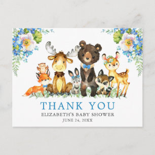 Akvarell Skogs Djur Baby Shower Blå Vykort