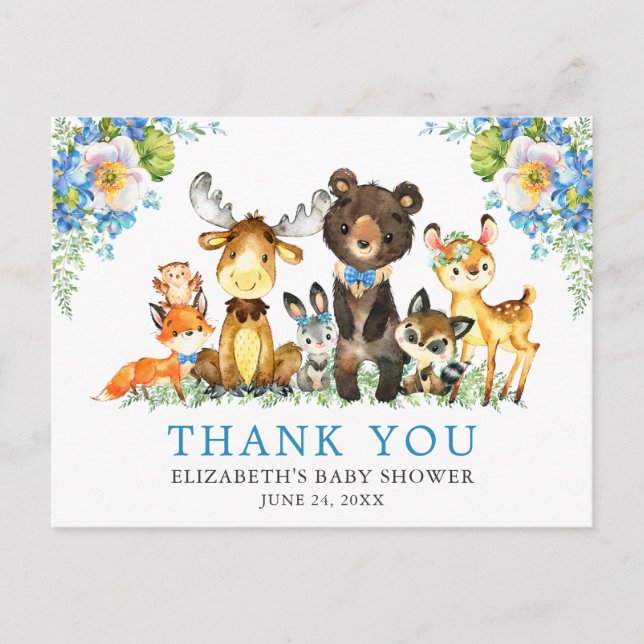 Akvarell Skogs Djur Baby Shower Blå Vykort (Framsida)
