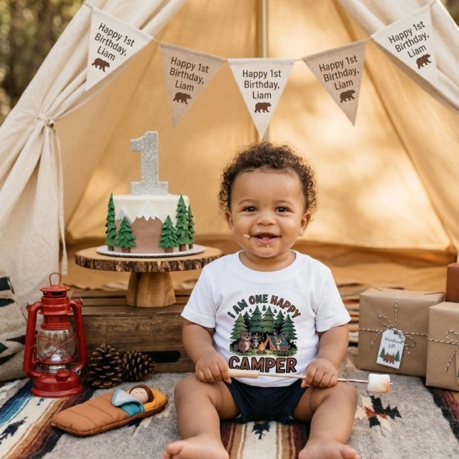 Akvarell Skogs djur campare 1-års födelsedag T Shirt (Skapare uppladdad)