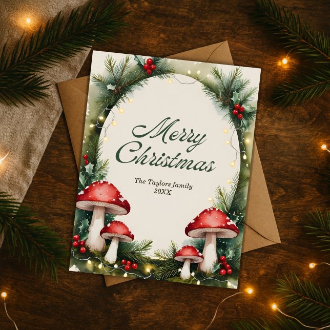 Akvarell Skogs Jul Svamp God Jul Helg Vykort (Woodland Mushroom Christmas Postcard )
