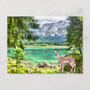 Akvarell Skogs Sjö Hjort Landskap Vykort