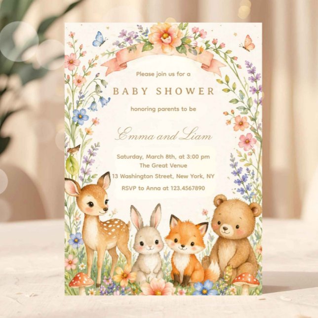 Akvarell Skogsdjur Skogs Barnkalas Inbjudningar (woodland baby shower, forest baby shower, baby shower invitation, woodland animals invite, deer baby)