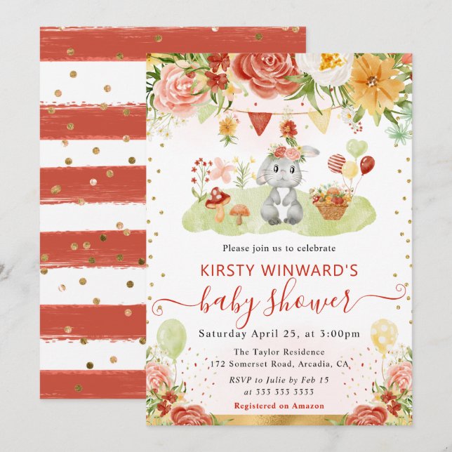 Akvarell Skogskanin Baby Shower Inbjudningar (Fram/baksida)