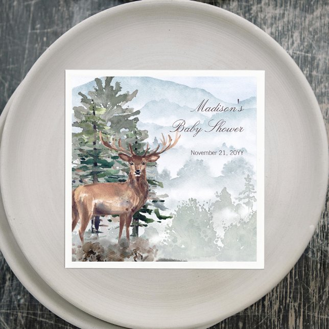 Akvarell Skogslandskap Hjort Barnkalas Pappersservett (Watercolor Woodland Forest Stag Baby Shower Napkins)