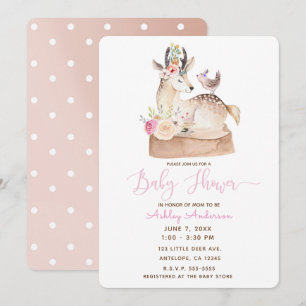 Akvarell Skogslandskap Hjort & Fågel Baby Shower Inbjudningar