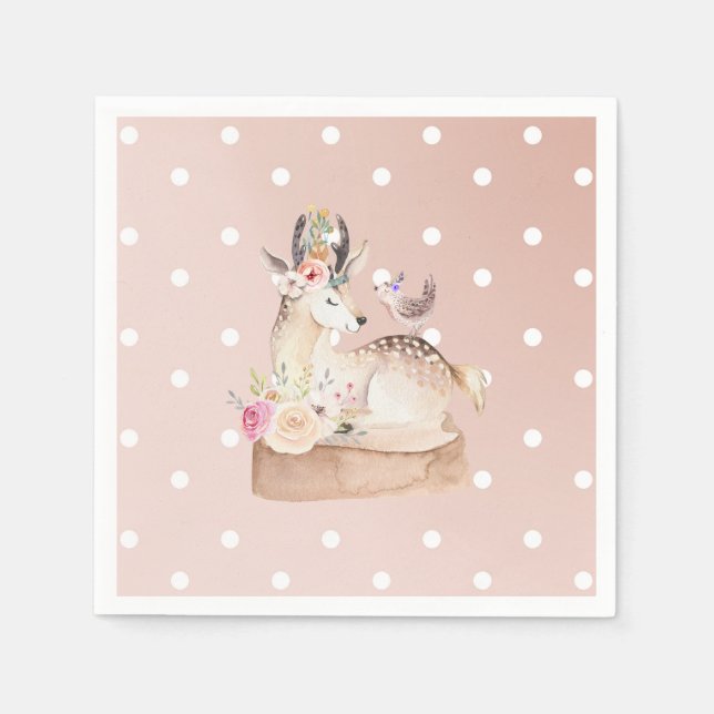 Akvarell skogslandskap Hjort & Fågel Baby Shower Pappersservett (Framsidan)