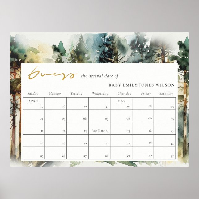 Akvarell Skogsskogs Gissa Barnets Förlossningsdatu Poster (Framsidan)