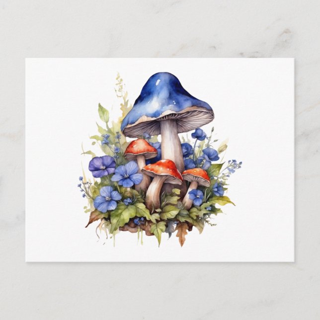 Akvarell Skogssvamp och Blå Blommor  Vykort (Framsida)