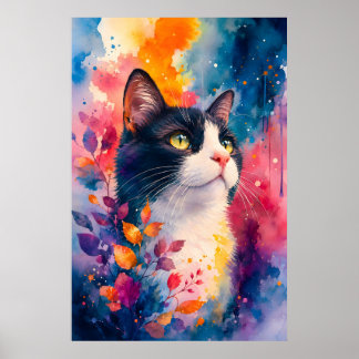 Akvarell smoking katt konst porträtt levande färge poster