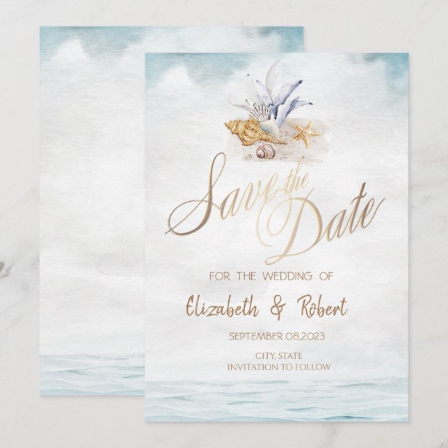 Akvarell Snigelskal, Havsstrand Save The Date Spara Datumet (Fram/baksida)