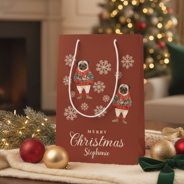 Akvarell Snöflingor Terrakotta Mops Hund Jul (Skapare uppladdad)