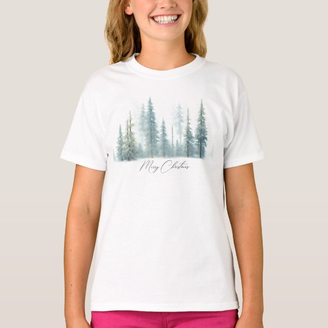 Akvarell snöiga träd anpassad jul t shirt (Framsida)