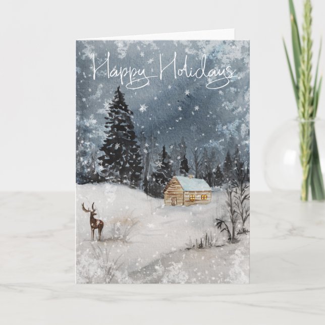 Akvarell Snölandskap Stuga God Jul & Gott Nytt År Kort (Framsida)