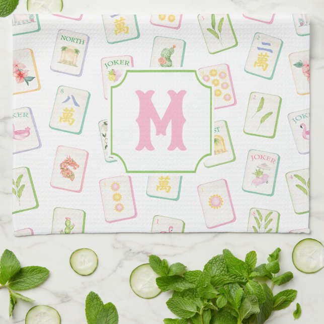 Akvarell Södra Sommar Mahjong-brickor Monogram Kökshandduk (Vikta)
