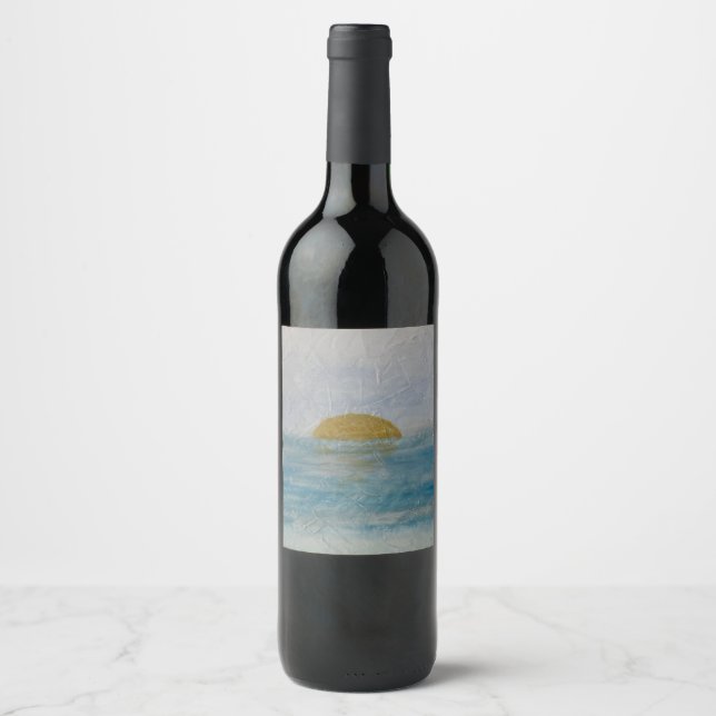 Akvarell Solnedgång Anpassad Dryck Blå Vin Etikett (Framsida)
