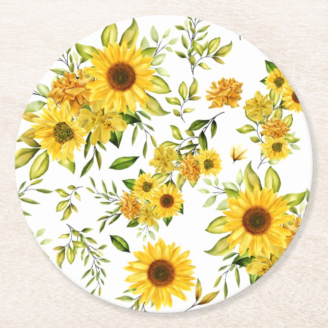 Akvarell Solros 8 Underlägg Papper Rund (Framsidan)