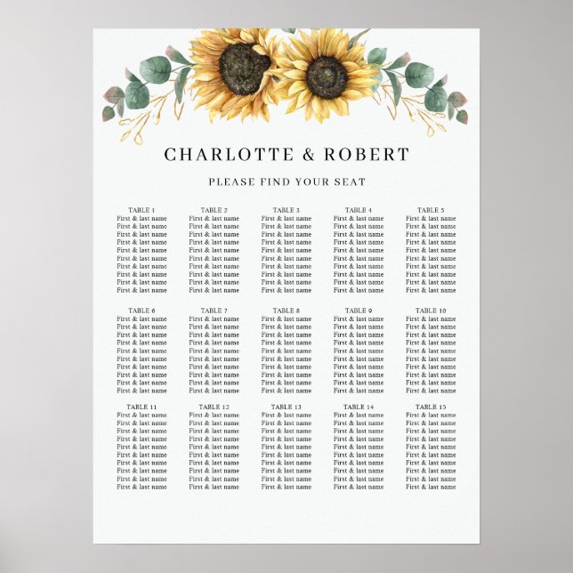 Akvarell Solros Blommig Bröllops Sittplatskarta Poster (Framsidan)