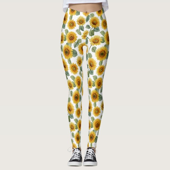 Akvarell Solros Blommönster Leggings (Framsida)