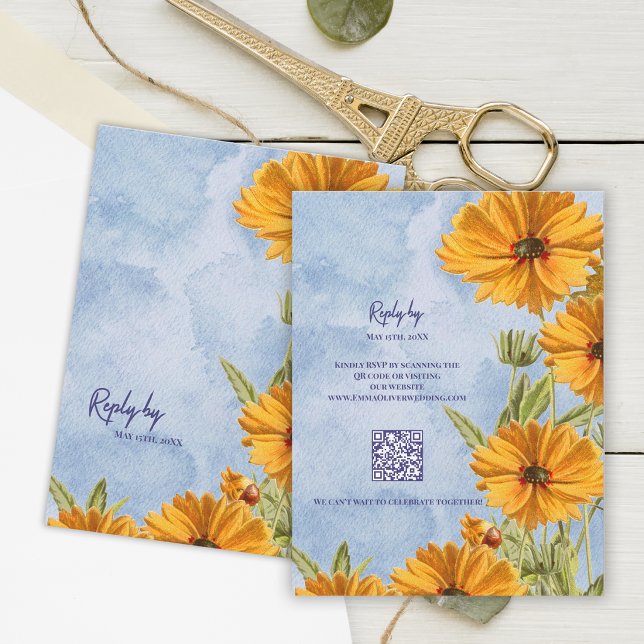 Akvarell Solros Boho Bröllop Svar Med QR-kod (Watercolor Sunflower Boho Wedding RSVP Card with QR Code Summer Countryside Reply Card)