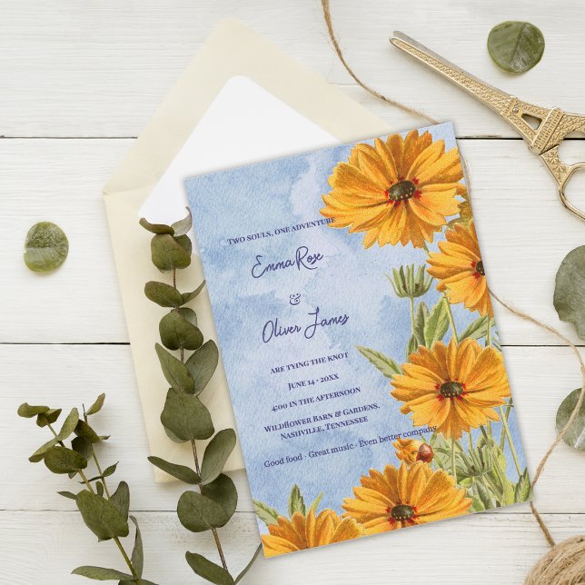 Akvarell Solros Boho Bröllopsinbjudan Inbjudningar (Watercolor Sunflower Boho Wedding Invitation | Wildflower Summer Garden Wedding Invite)