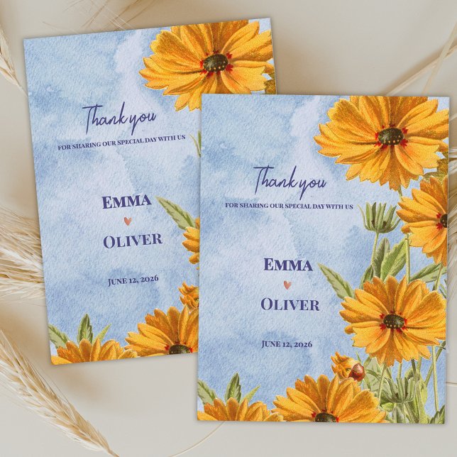 Akvarell Solros Bröllop Tack Kort (Watercolor Sunflower Wedding Thank You Card Summer Countryside Floral Thank You Note)