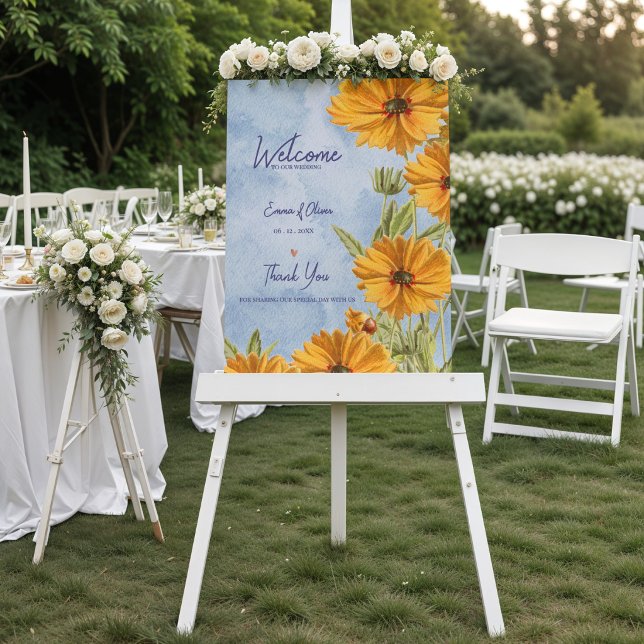 Akvarell Solros Bröllop Välkomstskylt Poster (Watercolor Sunflower Wedding Welcome Sign Poster Summer Countryside Welcome to Our Wedding Sign)