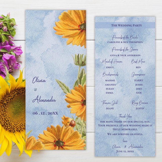 Akvarell Solros Bröllopsceremoni Program (Watercolor Sunflower Wedding Program Card Summer Countryside Ceremony Program)