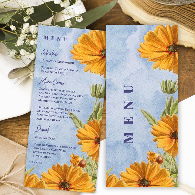 Akvarell Solros Bröllopsmottagning Middag Meny (Watercolor Sunflower Wedding Menu Card Summer Countryside Reception Dinner Menu)