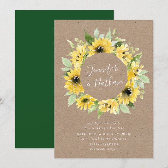 Akvarell Solros Floral Krans Rustik Bröllop Inbjudningar (Fram/baksida)
