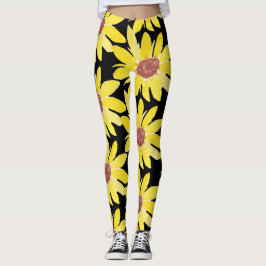 Akvarell Solros Knopp Livlig Handmålad  Leggings