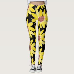 Akvarell Solros Knopp Livlig Handmålad Leggings