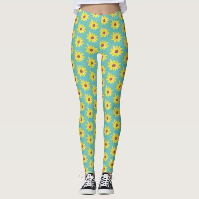 Akvarell Solros Knoppar Vibrant Handmålad   Leggings (Framsida)