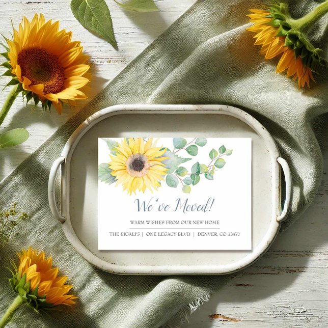 Akvarell Solros Ny Hem Inflyttningsannons Tilläggskort (Sunflower moving announcement cards unique watercolor art by Victoria Grigaliunas VG Invites)