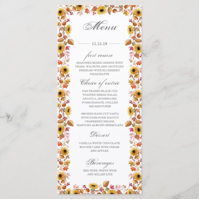 Akvarell solros pumpor höstmöteskort meny (Framsida)