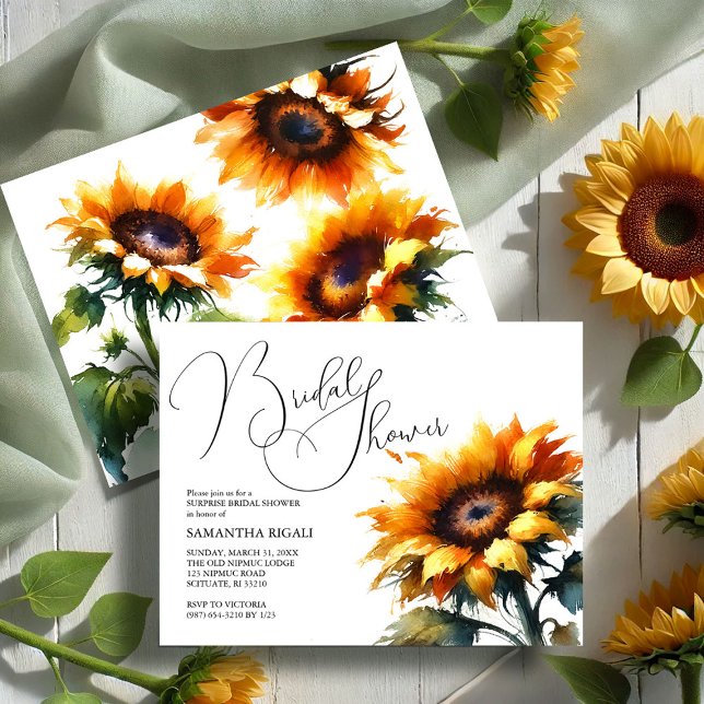 Akvarell Solros Sommar Bröllopsfest Meddelande Vykort (Sunflower bridal shower invitations summer fall design by Victoria Grigaliunas VG Invites)