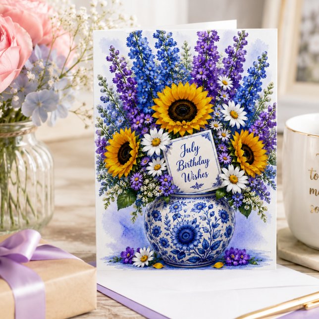 Akvarell Solrosor & Blå Blommig Juli Födelsedag Kort (Skapare uppladdad)