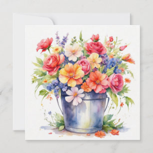 Akvarell sommar trädgårdsblommor i en hink kort