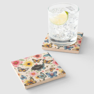 Akvarell sommarblommor fjärilar monogram stenunderlägg
