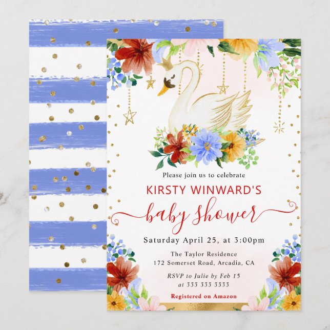 Akvarell Sommarblommor Svan Baby Shower Inbjudningar (Fram/baksida)