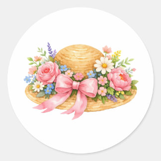 Akvarell sommarhatt med blommor och band runt klistermärke