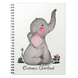 Akvarell Söt Bebis Elefant Med Rodnad & Blommor Anteckningsbok Med Spiral