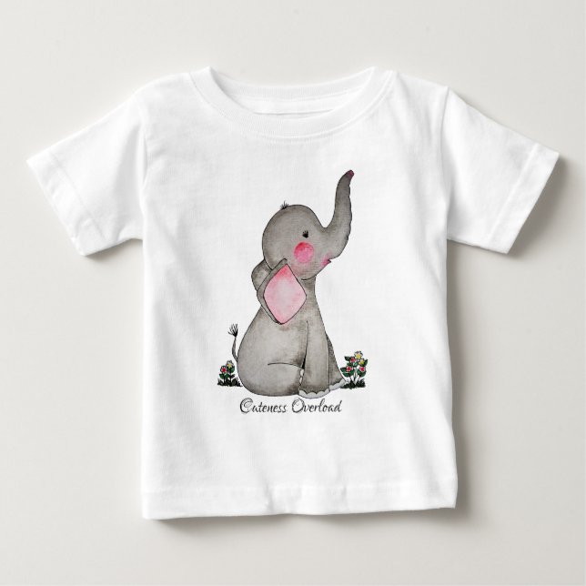 Akvarell Söt Bebis Elefant Med Rodnad & Blommor Tee (Framsida)