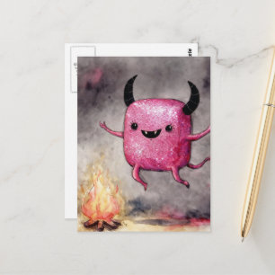 Akvarell Söt Blank Pink Monster och en lägereld Vykort