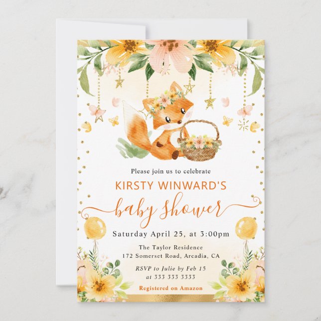 Akvarell Söt Blommig Bebis Räv Baby Shower Inbjudningar (Framsida)
