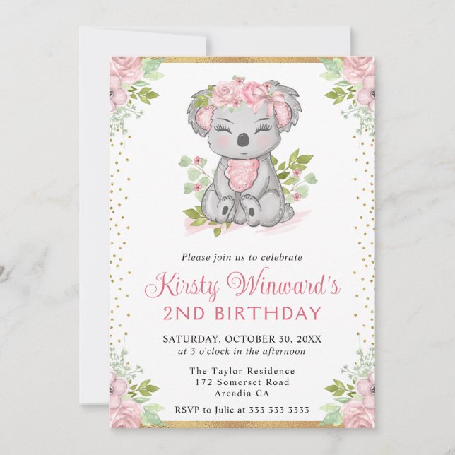 Akvarell Söt Blommig Koala Flicka 2-årsdag Inbjudningar (Framsida)