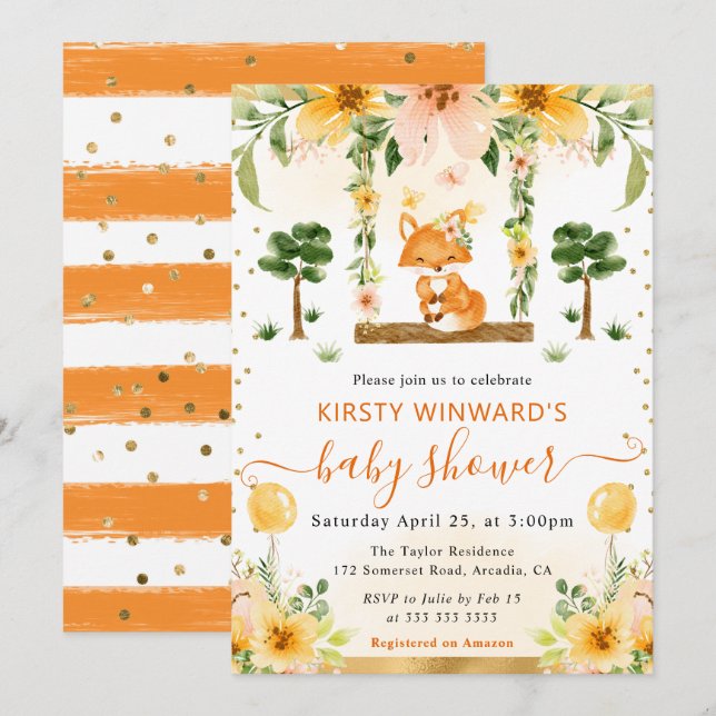 Akvarell Söt Blommig Räv Baby Shower Inbjudningar (Fram/baksida)