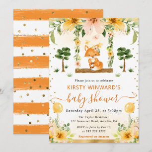 Akvarell Söt Blommig Räv Baby Shower Inbjudningar