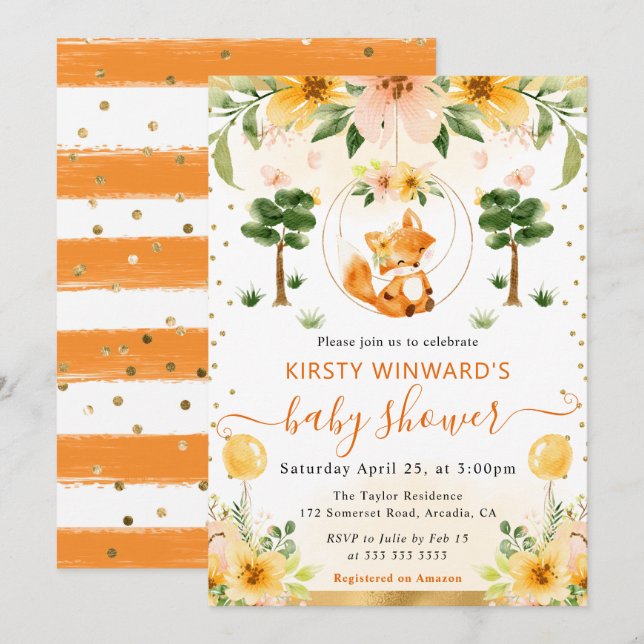 Akvarell Söt Blommig Räv Baby Shower Inbjudningar (Fram/baksida)