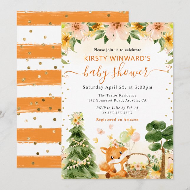 Akvarell Söt Blommig Räv Baby Shower Inbjudningar (Fram/baksida)