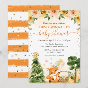 Akvarell Söt Blommig Räv Baby Shower Inbjudningar